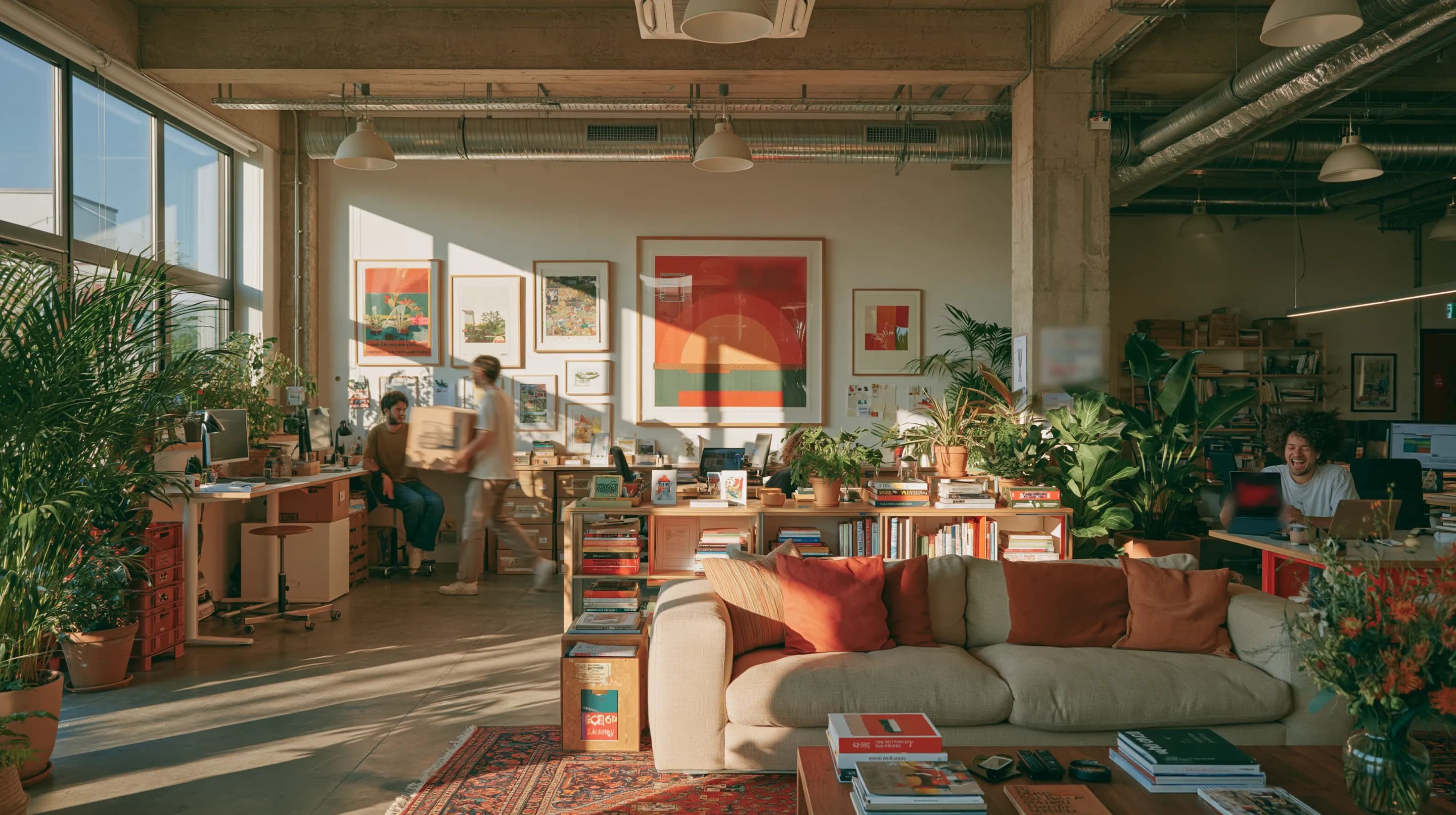 A bright open-plan office with plants and full shelves, where one colleague carries a box past a desk and another laughs at a tablet.
