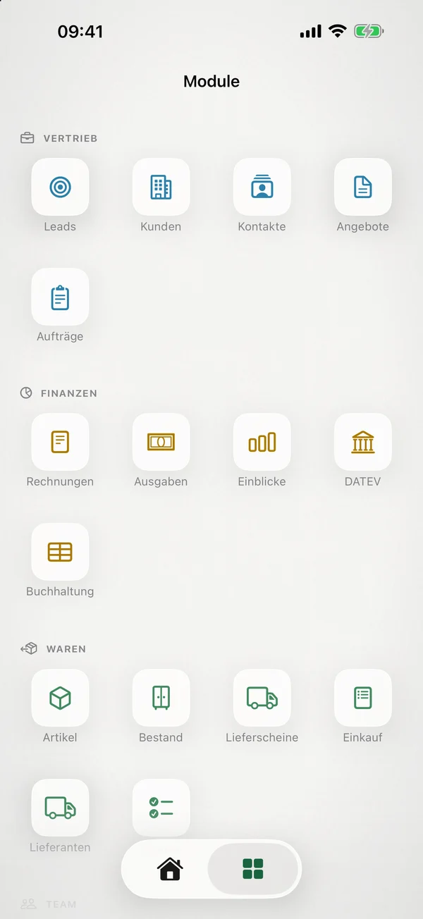 miphu auf dem iPhone: die Modulübersicht mit Vertrieb, Finanzen und Waren
