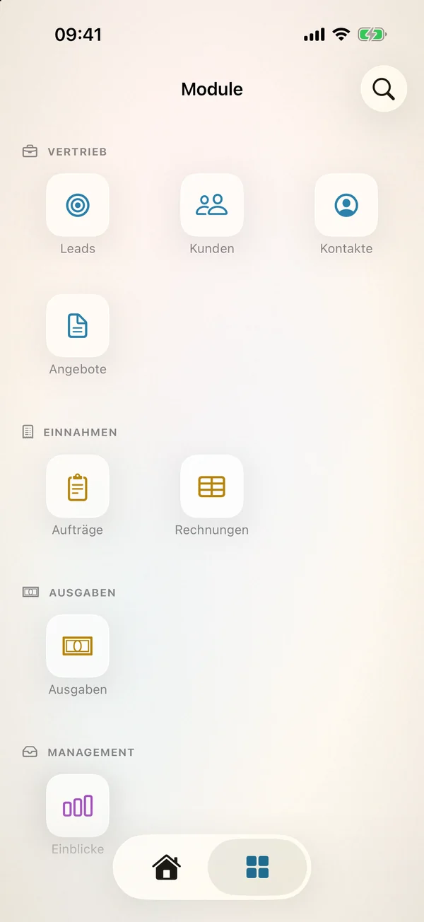 miphu auf dem iPhone: die Modulübersicht mit Vertrieb, Einnahmen, Ausgaben und Management
